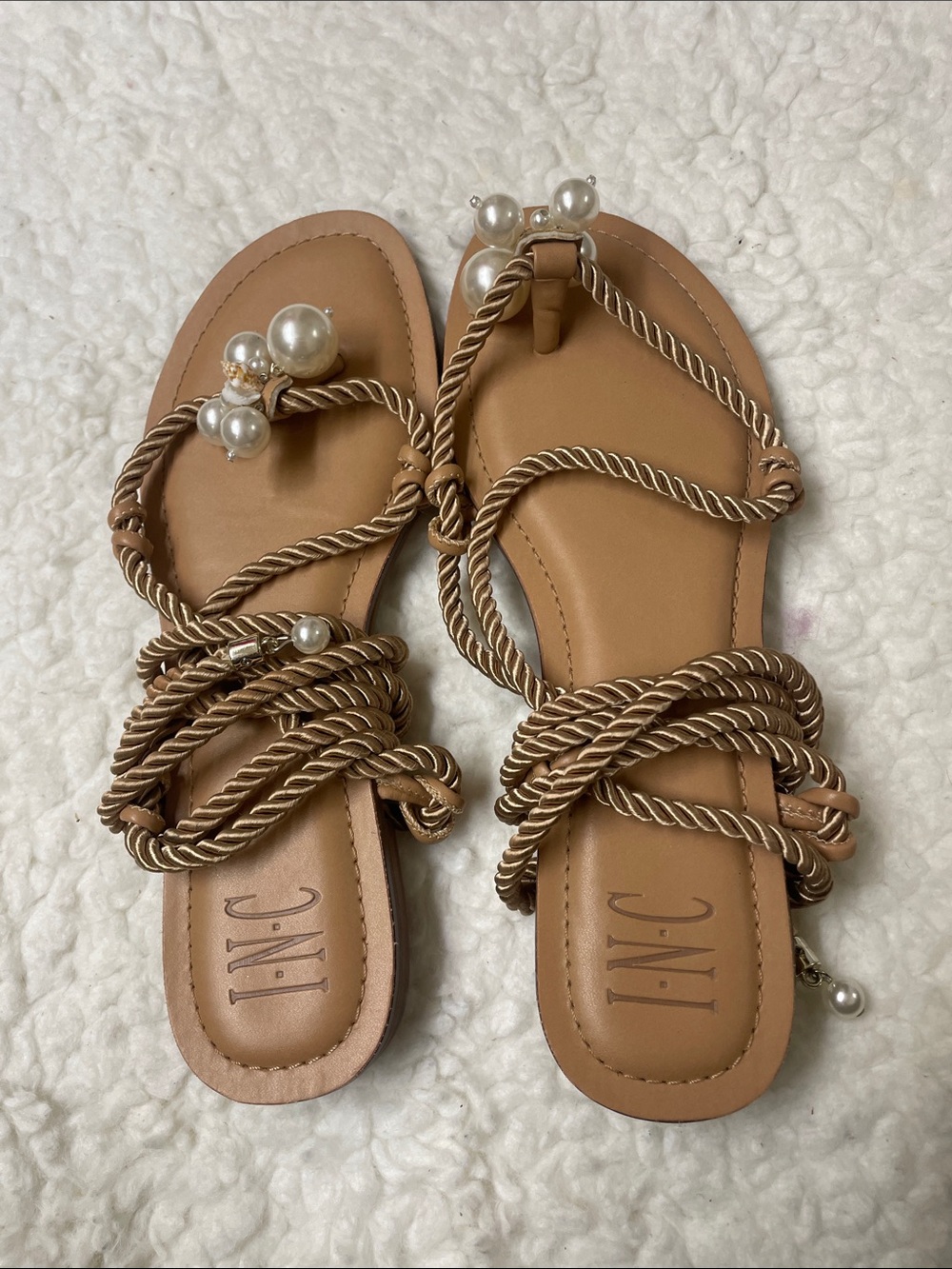 INC International Concepts Tan Rope Pearl-Embellished Flat Sandals